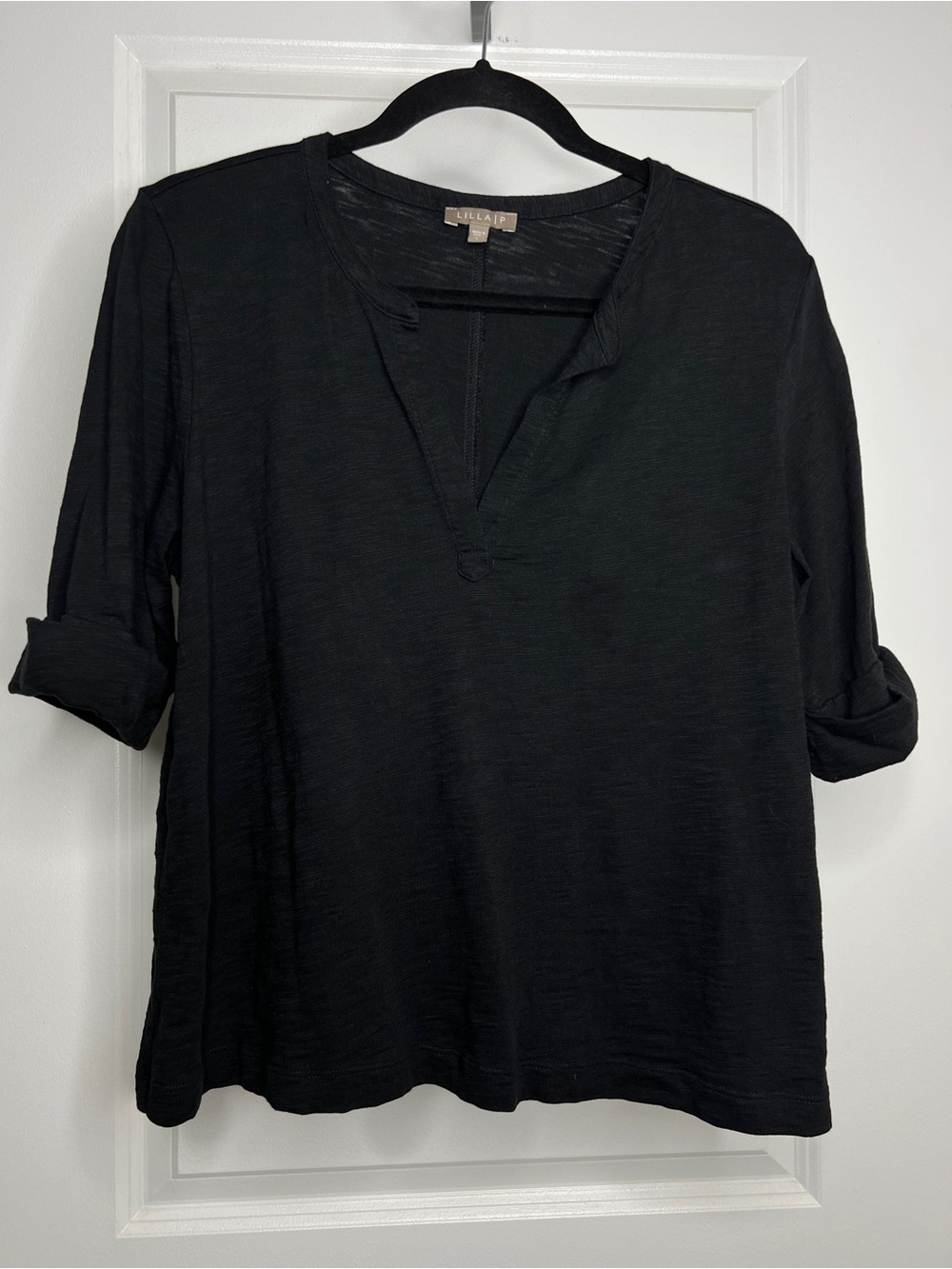 Lilla P V-Neck Tee Shirt Women Large Black 100% Cotton Rolled Cuff Casual Basic
